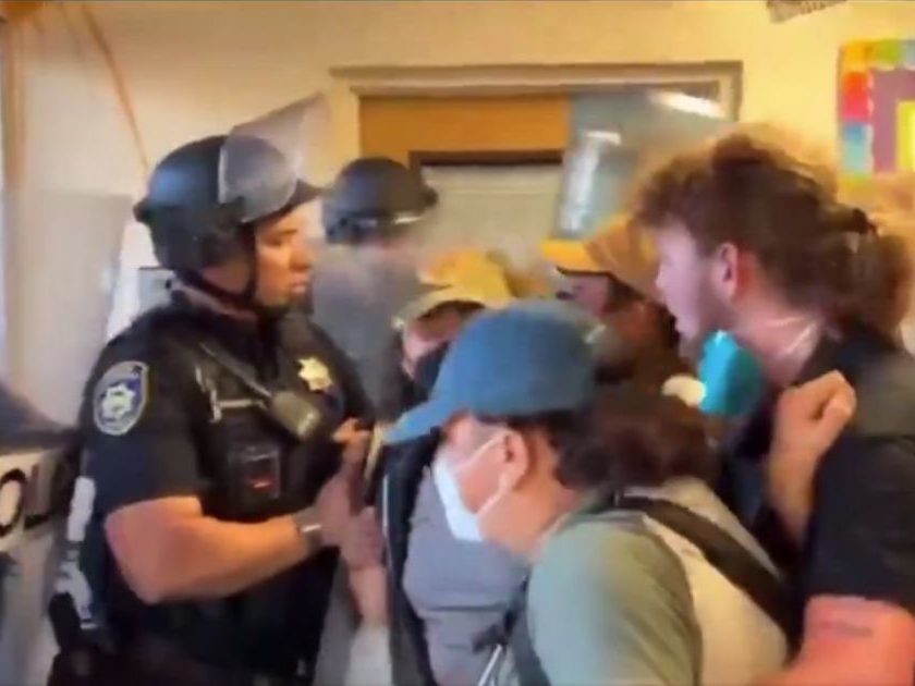 police confronting protesters at Cal Poly Humboldt