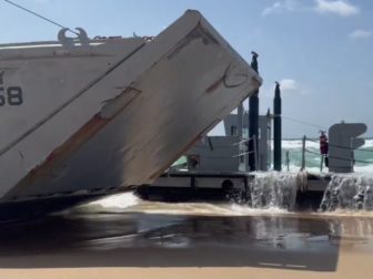 This X screen shot shows the two grounded US Navy ships that were attempting to rescue a detached pier in Ashdod.