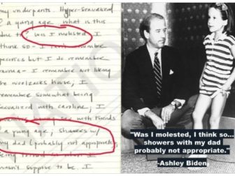An image of a page of Ashley Biden's diary, left. Right, a photo of now-President Joe Biden as a young United States senator in a photo with his daughter Ashley when she was a young girl.
