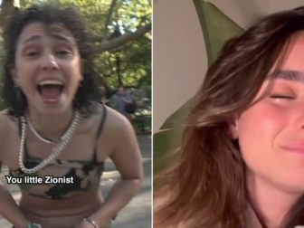 Noa Cochva, right, reacts to all the hatred she received on the streets of New York, including from an anti-Israel activist with a knife, left.